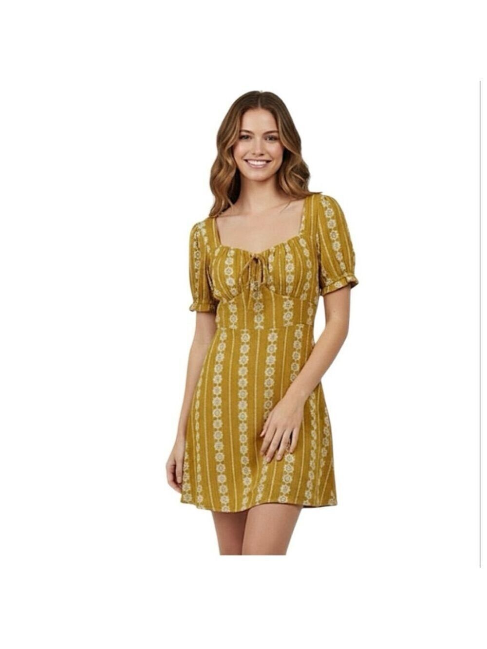 Hem & Thread Mustard Geometric Floral Boho Mini Dress Large